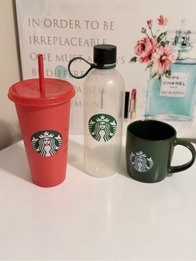 Starbucks Red Tumbler, Clear Water Bottle & Dark Green Mug Set